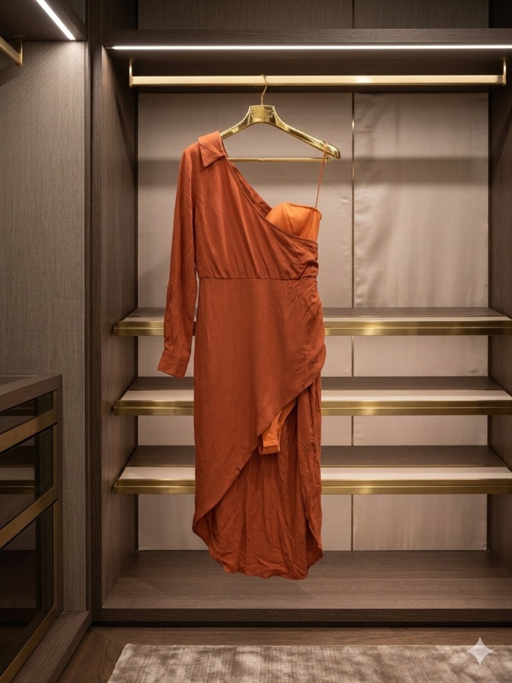 Rust One-Shoulder Asymmetric Midi Dress - Women